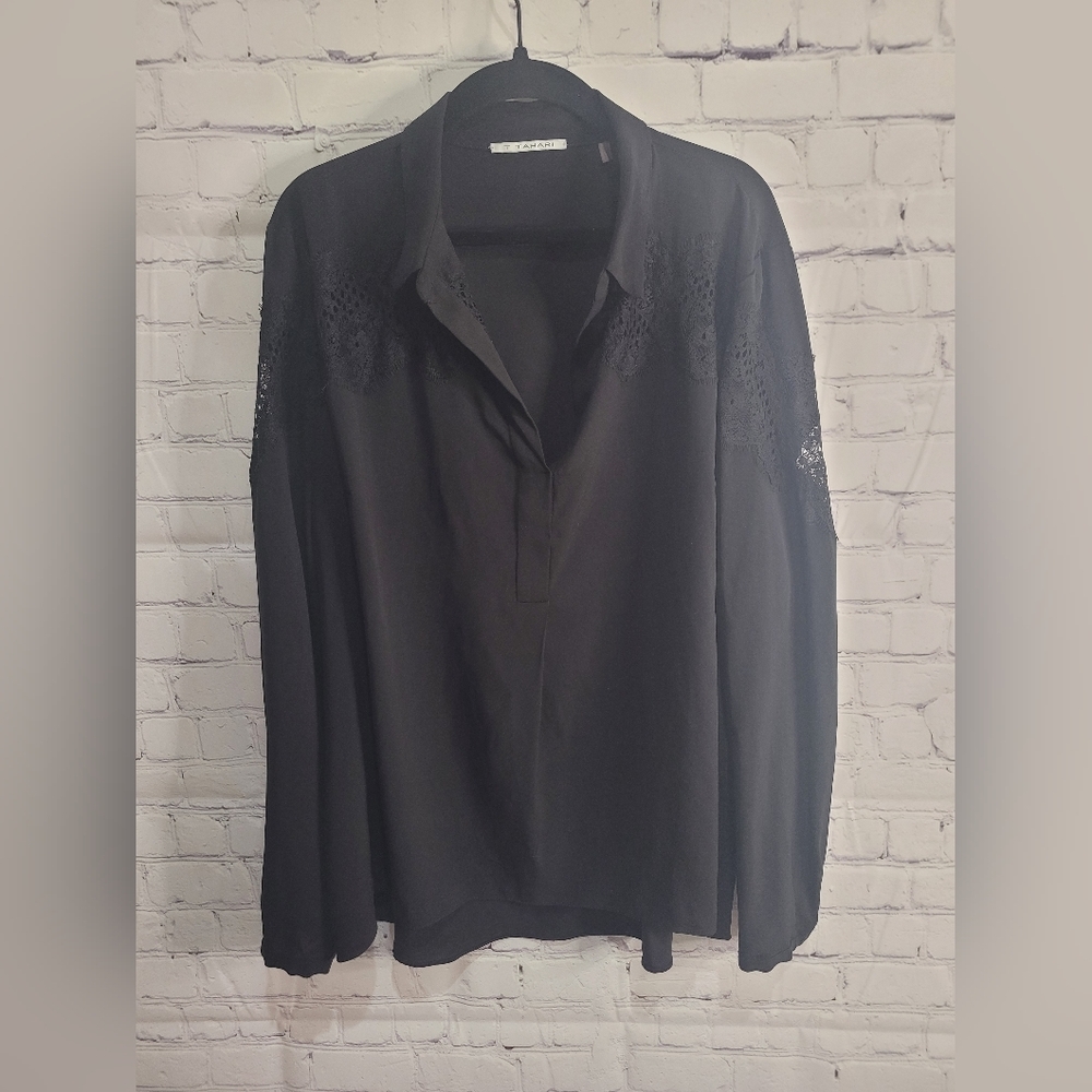 T Tahari Black Blouse Lace Accents on shoulders Size Large
